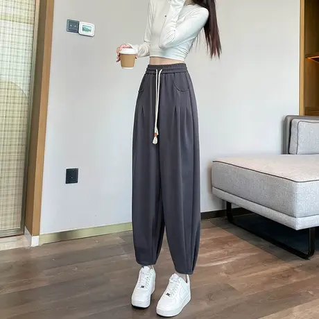 灰色运动卫裤女2024年秋季新款宽松高腰胖mm显瘦束脚哈伦休闲裤子图片
