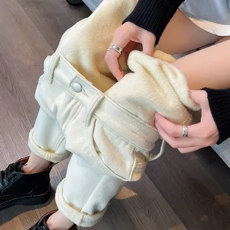 白色牛仔裤女2024年秋冬新款高腰直筒宽松加绒九分哈伦老爹裤子潮商品大图