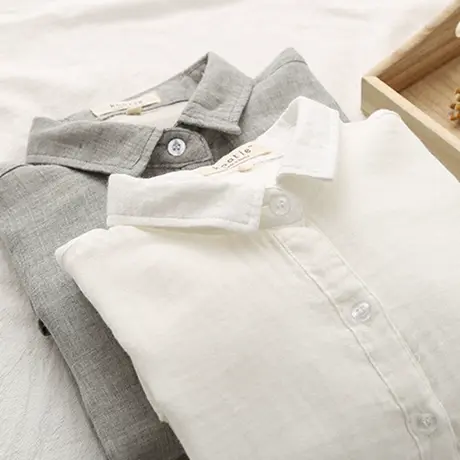 春秋新款韩版简约文艺范百搭复古小翻领双层纱衬衫女清新打底衬衣商品大图