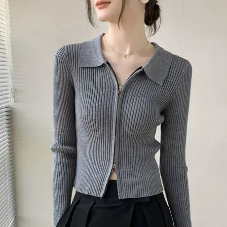 POLO领针织开衫女早秋新款长袖修身显瘦翻领上衣拉链毛衣短外套女商品大图