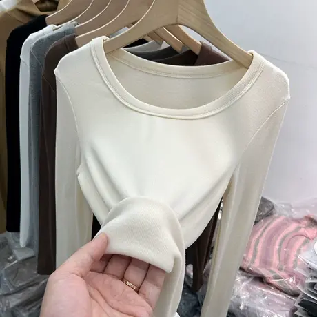 纯色百搭低圆领加薄绒长袖T恤女2022秋冬新款洋气内搭打底衫上衣商品大图