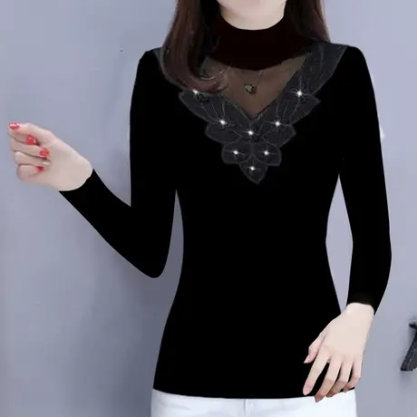 2023春秋新款黑色网纱打底衫女内搭时髦洋气小衫纱衣t恤蕾丝上衣图片