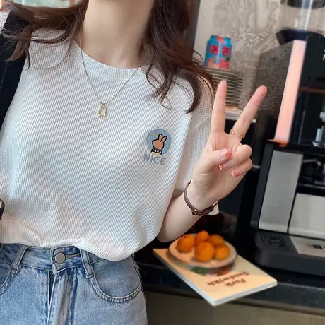 卡通刺绣半袖体恤上衣女夏装宽松显瘦百搭chic港味华夫格短袖T恤商品大图