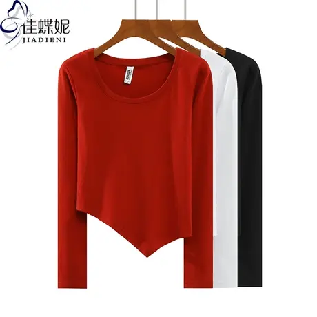 秋冬新款韩版圆领下摆不规则短款修身纯棉纯色长袖体恤上衣内搭女商品大图