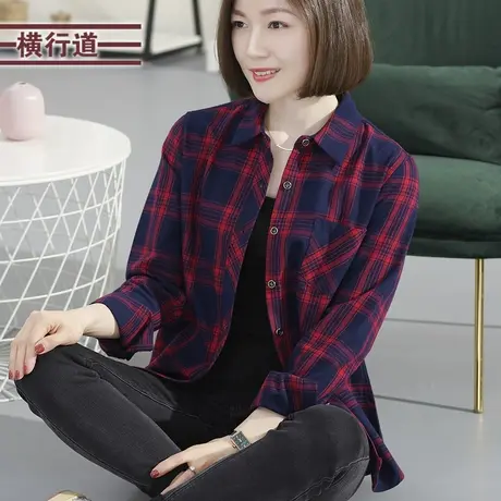 横行道黑白格子衬衫纯棉上衣2024新款春季大码女士方格衬衣女外套商品大图