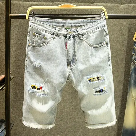 夏季潮牌破洞牛仔短裤男五分裤弹力修身ins韩版水洗毛边乞丐中裤商品大图