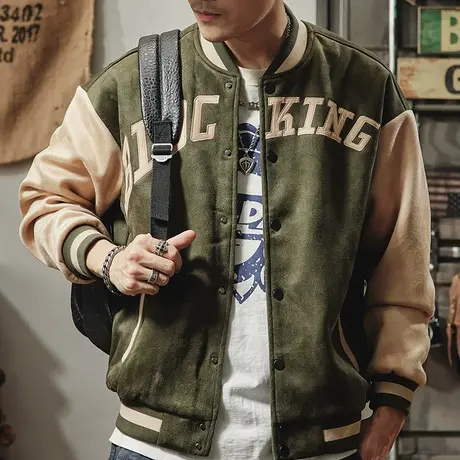 棒球服男2022新款潮流韩版宽松校园风夹克休闲卡其色外套夹克上衣商品大图