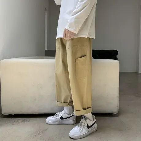美式复古阔腿九分工装裤男潮牌ins港风宽松潮流痞帅日系休闲裤潮商品大图