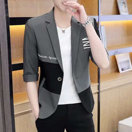 夏季薄款中袖男士小西装半袖休闲西服短袖潮流韩版外套青少年上衣商品大图