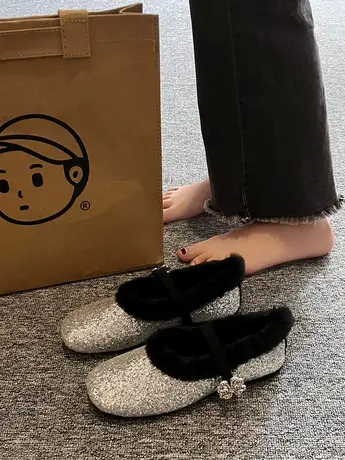 小众软底毛毛鞋2023冬季新款外穿加绒亮片雪地靴懒人一脚蹬豆豆鞋商品大图