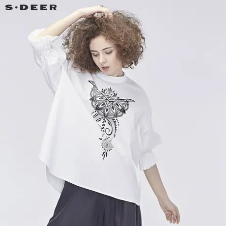sdeer 圣迪奥休闲艺文立领撞色图腾落肩中袖衬衫S19180503图片