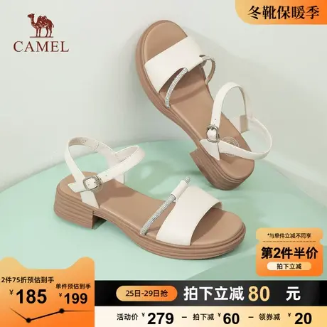 骆驼女鞋2023年夏新款真皮一字带厚底粗跟休闲罗马凉鞋女时装凉鞋图片