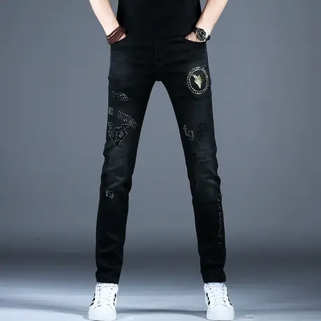 黑色牛仔裤男款男士时尚高端烫钻小脚裤子2023秋冬季厚款美式潮牌商品大图