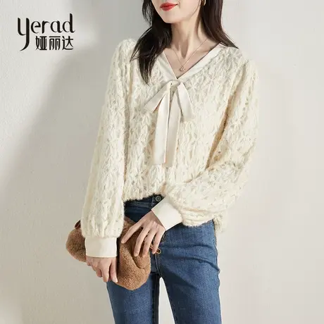 【秒杀款】不退不换娅丽达加绒加厚蕾丝衫甜美V领蝴蝶结内搭打底商品大图