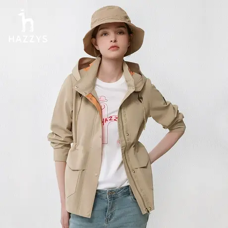 【连帽短款】Hazzys哈吉斯腰节抽绳夹克衫女春季通勤简约休闲外套图片