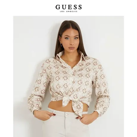 【38上新季】GUESS24年新款春女士通勤休闲花纹百搭系带短款衬衫商品大图