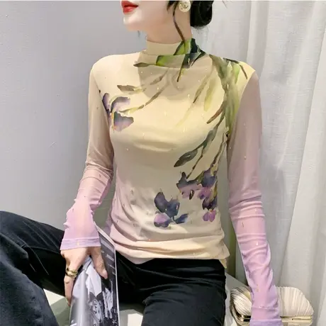 半高领长袖打底衫女网纱印花秋冬时尚洋气套头上衣内塔修身T恤ins商品大图