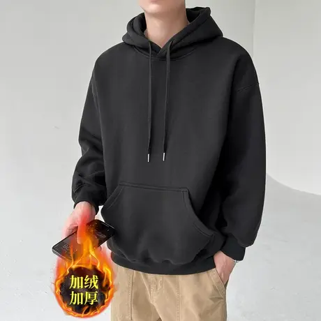 美式潮牌卫衣男款2023新款春秋加绒连帽秋装重磅高街上衣黑色外套商品大图