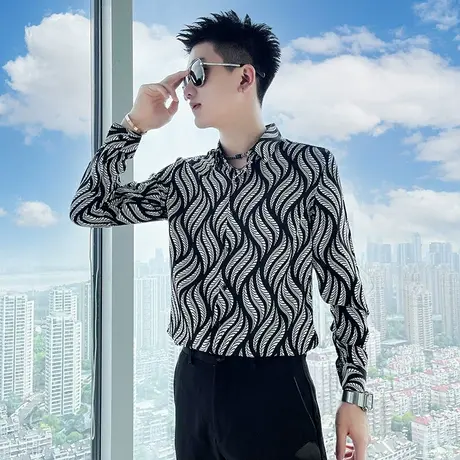 秋季时尚休闲花色满印叶子图案发型师潮牌长袖衬衣青年ins男衬衫图片
