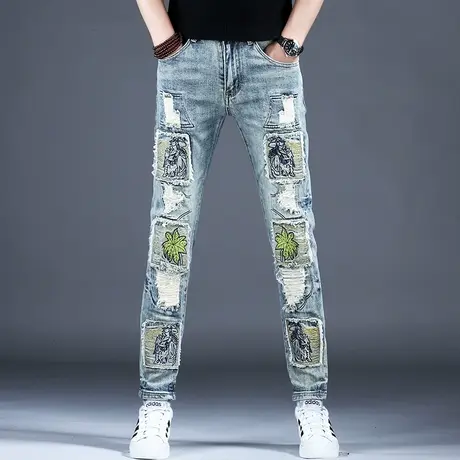 男士四季新款破洞牛仔裤男款修身刺绣小脚花裤子高端补丁美式高街商品大图