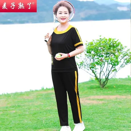 妈妈夏装休闲运动两件套装短袖T恤上衣服2022新款长裤中老年女装商品大图