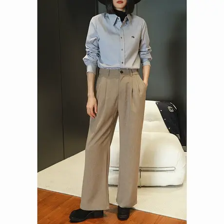 2024春季新款百搭高品质大牌复古高腰老钱风亚麻女士休闲阔腿裤女商品大图