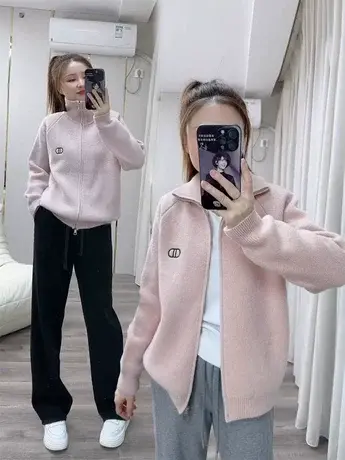 2023冬季新款慵懒风高级感绣花双头拉链高领开衫复古毛衣外套女潮图片