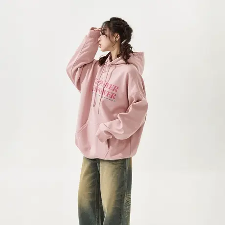 YEP复古脏粉色连帽卫衣女2024年春季新款印花情侣装潮牌宽松外套图片