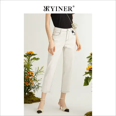 YINER音儿女装2022夏季新款时尚高腰缝线白牛仔裤商品大图