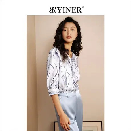 YINER音儿女装2023夏季通勤V领桑蚕丝印花七分袖衬衫上衣商品大图