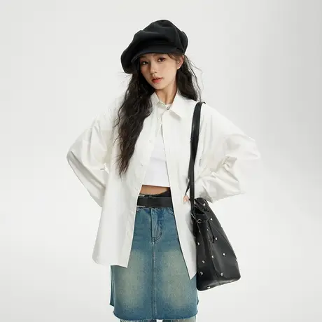 复古印花白色衬衫女春季2024年新款国潮设计感衬衣宽松情侣装上衣图片