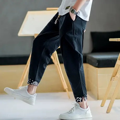 棉麻裤子男九分裤夏季薄款中国风潮牌小脚休闲裤潮流百搭哈伦裤潮商品大图