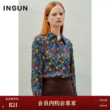 INSUN恩裳春季复古印花弹力桑蚕丝衬衫商品大图