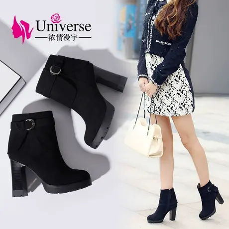 冬款加绒真皮短靴粗跟靴子冬天鞋子女高跟磨砂短筒英伦风冬靴图片