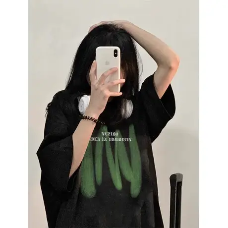 黑色中长款纯棉短袖T恤女夏季oversize新款2024宽松大版半袖上衣商品大图