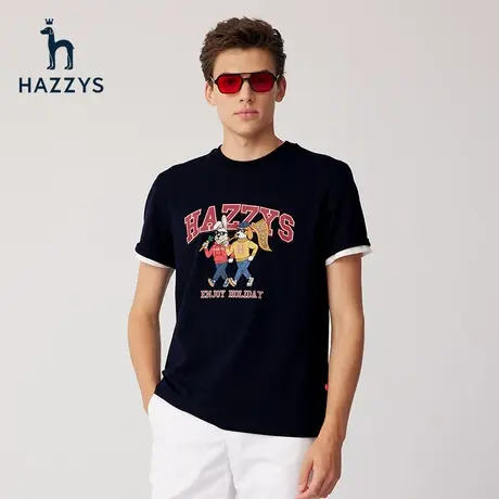 hazzys哈吉斯男士圆领纯棉短袖T恤衫休闲时尚潮流卡通印花上衣男图片