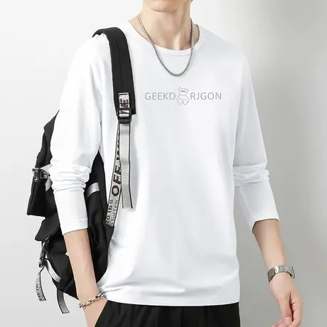 莫代尔白色t恤男士长袖秋季潮流ins内搭打底衫小熊体恤圆领秋衣服商品大图