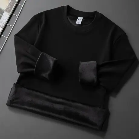 圆领长袖t恤男秋冬加绒加厚保暖内搭打底衫潮流纯色黑色秋衣小衫商品大图