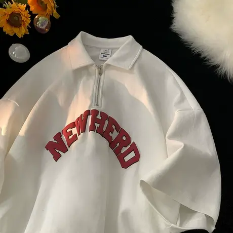 半拉链翻领短袖t恤男高级感夏季潮流polo衫宽松立体发泡印花半袖图片