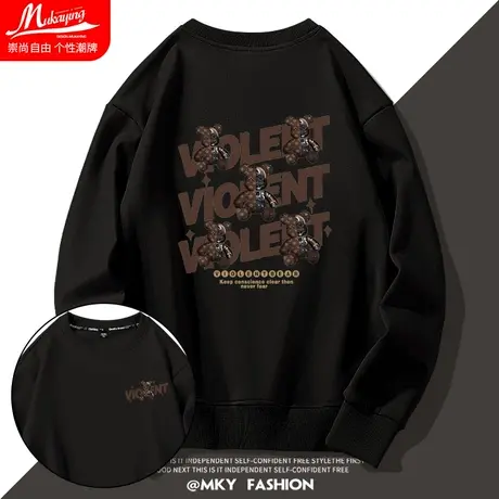 美式潮牌暴力熊圆领卫衣男2023秋季宽松大码黑色休闲百搭长袖上衣商品大图