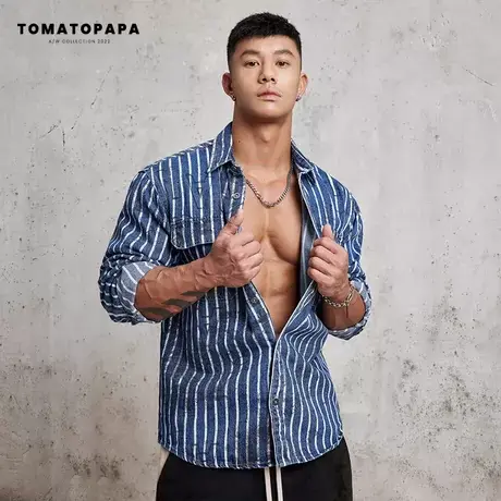 TOMATOPAPA美式竖条纹衬衫男复古做旧不规则涂鸦长袖衫秋外套潮牌商品大图