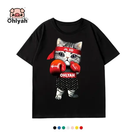 Ohlyah港风t恤女短袖小猫cat潮牌印花半袖宽松大码上衣学生团队服图片