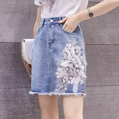 牛仔裙半身裙女时尚春夏新款包臀A字裙复古高腰绣花牛仔短裙套装图片
