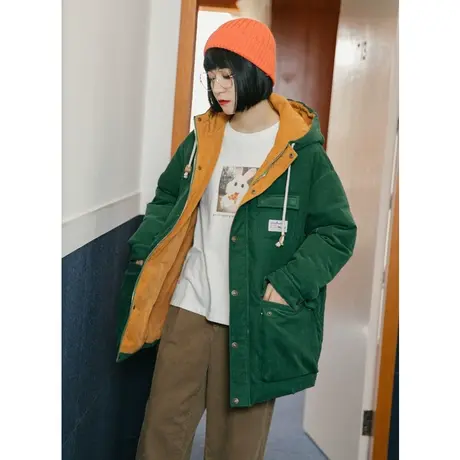 omont蛋挞家 复古宽松连帽羽绒服女中长款长袖外套保暖大衣冬季商品大图