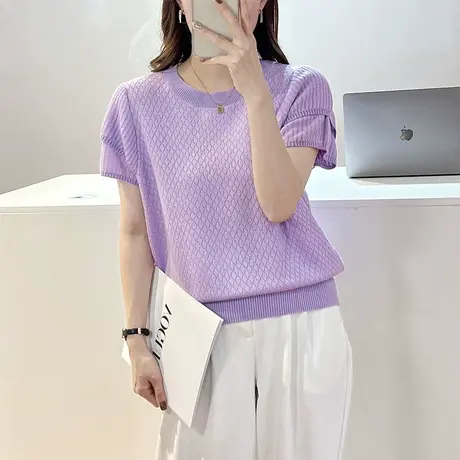 秋装女2023年新款薄款针织衫洋气短袖内搭打底衫圆领女装上衣潮商品大图