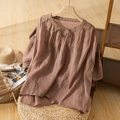 享永子中袖苎麻上衣女文艺复古棉麻衬衫小衫宽松显瘦2023夏季新款图片