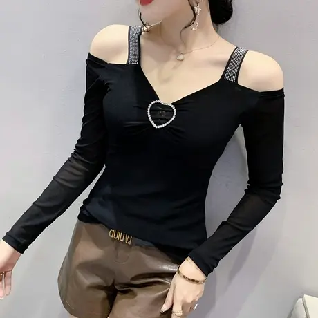 性感露肩T恤女长袖洋气内搭网纱打底衫春秋2023新款一字领上衣潮商品大图