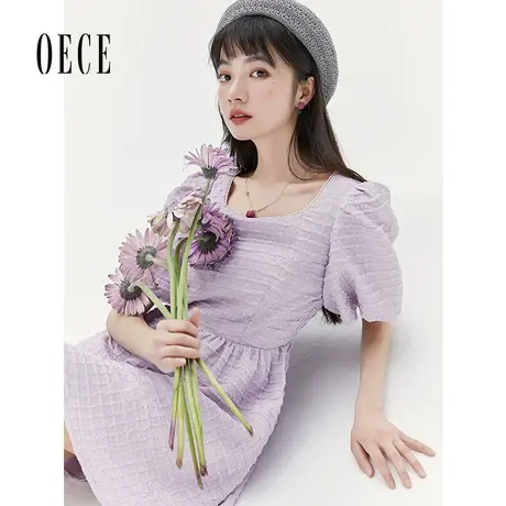Oece紫色淑女连衣裙2023年春夏新款女装复古法式气质收腰短袖裙子图片