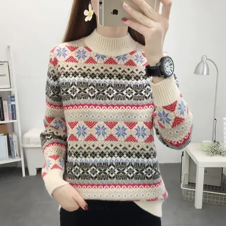 2022年秋冬新款半高领宽松提花毛衣女长袖针织打底衫民族风加厚潮商品大图
