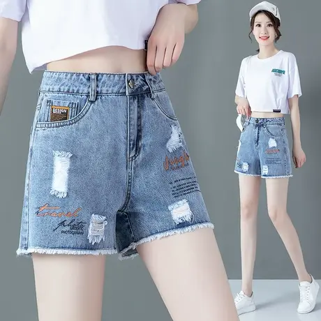 夏季高腰牛仔短裤女2023新款时尚毛边阔腿裤韩版大码显瘦破洞热裤图片